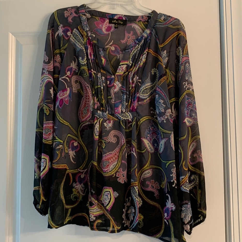 Melissa Paige blouse, medium, grey with pink and other colors
